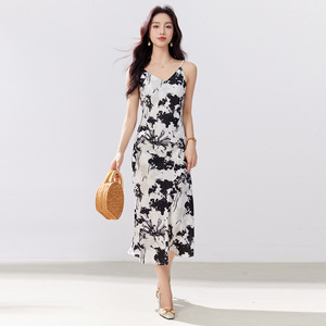 V-neck Floral Print Slip Dress Women's Acetate Fabric Casual Daily Wear Mid Length - Product Image 1