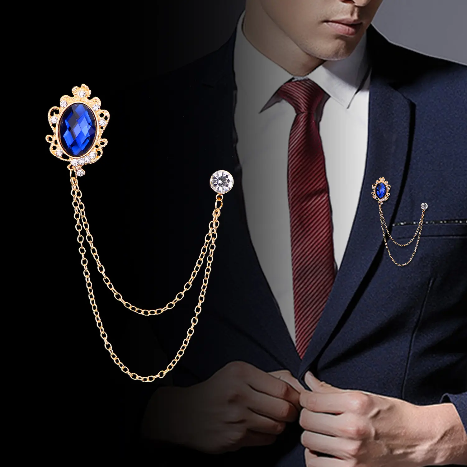 Broche en chaîne et pompon pour hommes, avec badge de personnalité européenne et américaine, assortie avec tout, accessoires pour costume et badge gem