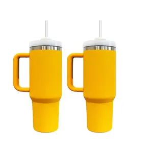 Yellow H2.0 40oz double walled stainless steel travel cup mug with Handle and Straw for heat printing Transfer
