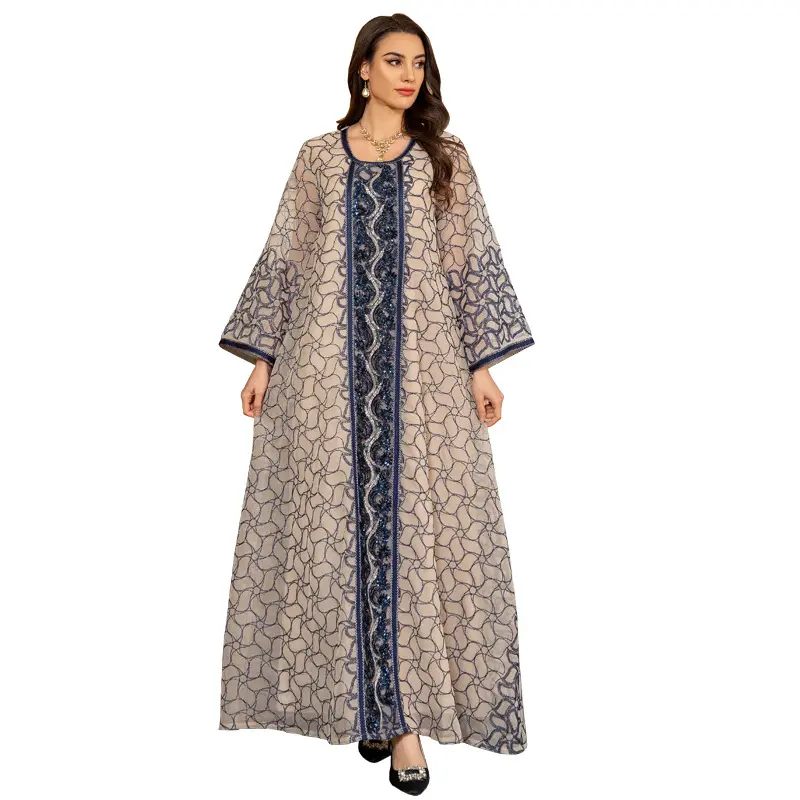 Yaz baskılı uzun kollu gevşek elbise Kaftan Marocain Mariage lüks Abaya Dubai arapça Dubai Abaya Kaftan tarzı balo elbise