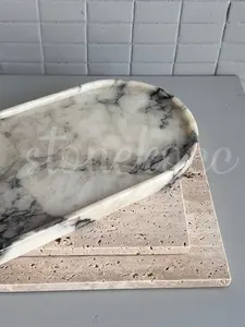 Stonekocc 25x13x1.8CM Decorative 100%Natural Stone Marble Calacatta Violet Home Decor Oval Tray Jewelry Plate Ornament