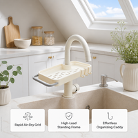 Support de rangement en plastique pour robinet, avec égouttoir pour torchons et rangement pour éponges et savon