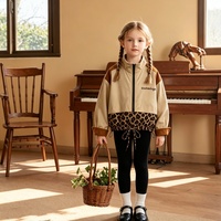 Veste Courte Décontractée pour Filles, Coupe Vintage de Haute Qualité, Imprimé Léopard, Col Montant Contrastant, Ourlet à Cordon, Coupe-Vent
