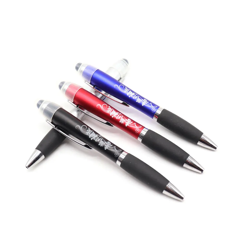 Stylo à bille lumineux laser LED avec logo personnalisé avec poignée en caoutchouc-stylos à bille à encre lumineuse personnalisés