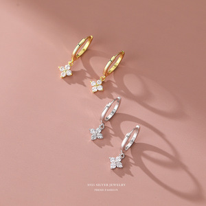 925 <strong>Sterling</strong> <strong>Silver</strong> Cubic Zirconia Four-leaf Clover Shaped <strong>Earrings</strong> <strong>Hoops</strong> Personalized Minimalist Style for Women - Product Image 2