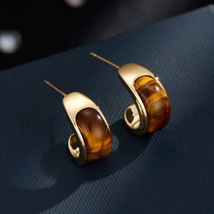 Tiger Eye Stud Earrings 14k Gold Bezel Setting Geometric Fashion Jewelry - Product Image 4