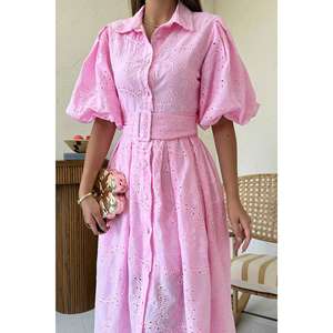 เดรสสีชมพูทรงเอ กระโปรงจีบ แขนทรงบอลลูน คอทรงโอ เอวธรรมชาติ ผ้าทอ ระบายอากาศได้ดี สวมใส่สบายๆ ในชีวิตประจำวัน - Product Image 2