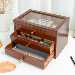Solid wood jewelry <b>box</b>, large capacity, walnut wood color, drawer pull-out storage <b>box</b> for <b>earrings</b>, pendants, and jade. - Product Image 2