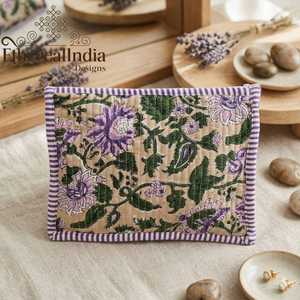 Block Print Floral Quilted Cosmetic Bag Cotton Makeup Organizer Travel Toiletry Zipper <b>Pouch</b> - Product Image 3