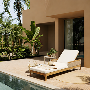Chaise longue d'extérieur moderne en bois d'acacia massif <span class=keywords><strong>de</strong></span> luxe avec coussins <span class=keywords><strong>beige</strong></span> gris clair, cadre en osier gris clair <span class=keywords><strong>de</strong></span> 76,8 pouces, pour piscine - Product Image 1