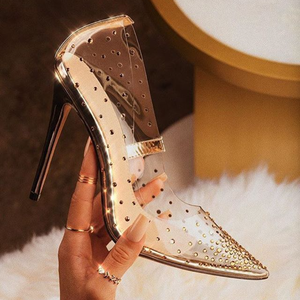 Escarpins Femme Gold Trendy Pointed Toe Sexy Stiletto Rivet Studded Fashion Transparent High Heels <b>Shoes</b> for Ladies - Product Image 1