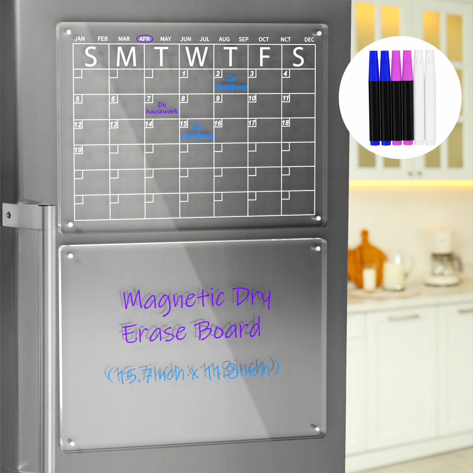 Clear Set of 2 Acrylic Magnetic Dry Erase Board Calendar Reusable Planner Whiteboard for Refrigerator