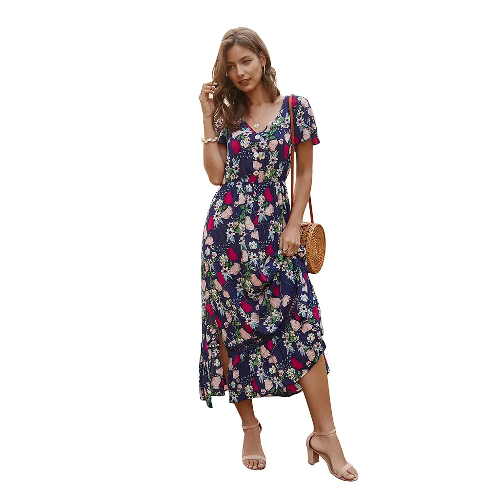 Langes Frauen kleid Langes Sommerkleid aus Gewehr papier Frauen kleider Company Lively Floral Rayon Stoff mit Taschen