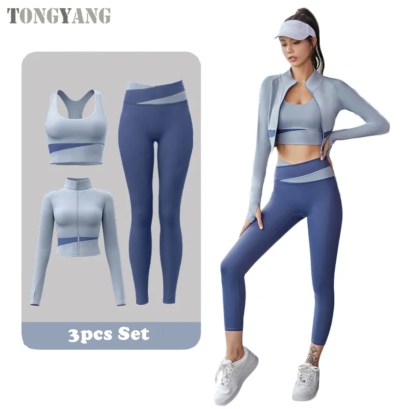 TONGYANG 3 PCS Mujeres Yoga Set Sexy Bra Coats Leggings Mujeres Quick Dry Running Sportswear