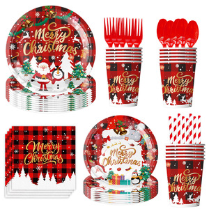 Ensemble de fournitures pour fête de Noël, 60-80 pièces, assiettes en papier, gobelets, serviettes, bannières, décorations, vaisselle de fête pour la célébration de Noël - Product Image 4