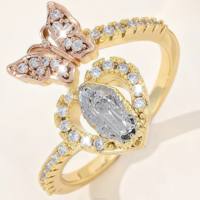 Bague Vierge de Guadalupe en laiton tricolore avec zircon, motif cœur et papillon, Vierge Marie