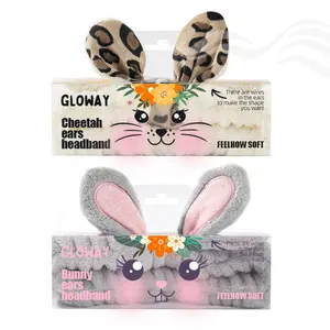GLOWAY PET Boxed Soft Coral Fleece Wire-Insert Flexible Leopard Print Makeup Headband Rabbit Ears Cute Facial Headband For Girls