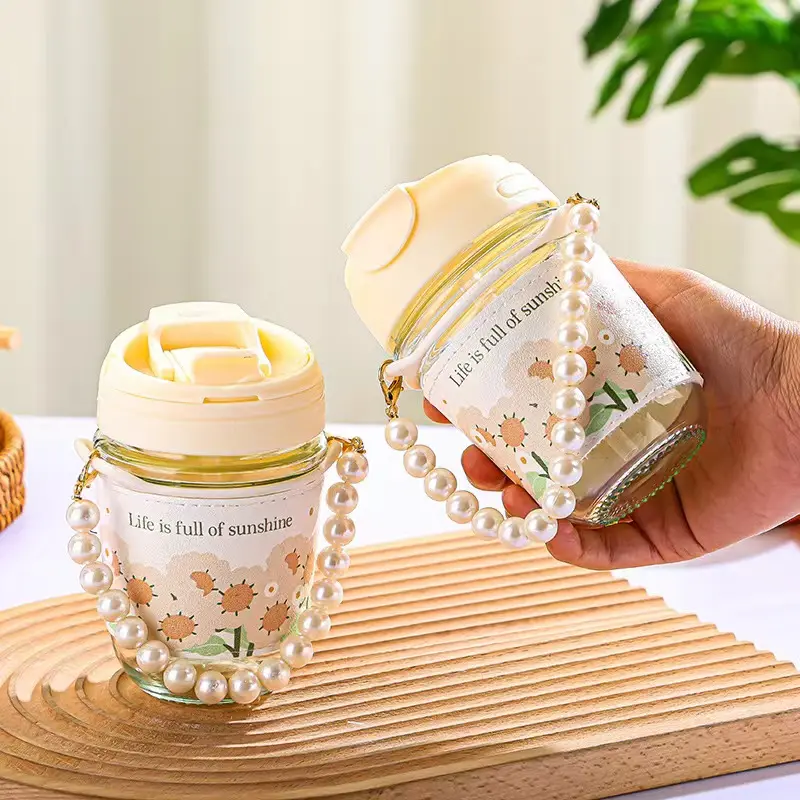แก้วลายโซ่ไข่มุกแบบมือถือถ้วยหลอดคู่สำหรับใช้ในครัวเรือนถ้วยใส่กาแฟของขวัญ