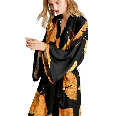 Tiktok Popular Women's Satin Robe Elegant Black Yellow Gingko Print Japanese Style Kimono Robes