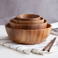 Bol en Bois d'Acacia de Style Japonais à Fond Plat pour Hôtellerie et Restauration, Saladier ou Bol à Soupe Monobloc