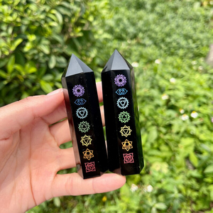 Venta al por Mayor de Torre de Obsidiana Negra Grabada con los Siete Chakras, Patrón de Luna y Estrella, Varita de Cristal Curativa, Obelisco de Energía para Meditación, Decoración - Product Image 4