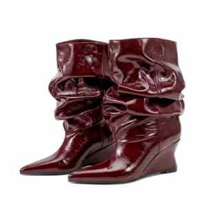 Women‘s Oversized Wide Calf Slouch Boots 7.5CM Sculptural Wedge Heel Pointed Toe Stone PU Ankle Booties Black Wine Brown White - Product Image 4