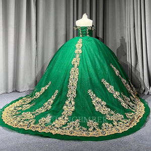 Robe de bal vert Lsmu182 longue jusqu'au sol, style Quinceañera, avec traîne chapelle, en satin moderne et dentelle imprimée, pour adolescentes Jancember - Product Image 3