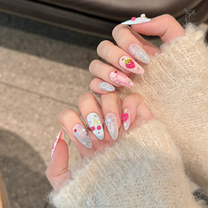 <span class=keywords><strong>Faux</strong></span> Ongles Multicolores Style Fruits 3D Cerise <span class=keywords><strong>Fraise</strong></span> Petits Diamants Amande Moyenne à Presser Ongles Artificiels - Product Image 2