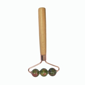 3-Round Bead Green Stone Facial Roller - Solid Wooden Handled <b>Massager</b> with Rose Gold Bracket Unique Contour <b>Tool</b> for Skincare - Product Image 2