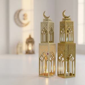 Ramadan Home <b>Decoration</b> 2027 Gold and Beige 2 Tiered Metal <b>Moroccan</b> Candle Lanterns with Crescent Moon - Product Image 5