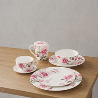 Fabricant de céramique depuis 40 ans, service de table en porcelaine fine 16 pièces, motif floral rose, décalcomanie florale, OEM, ensemble de vaisselle de luxe