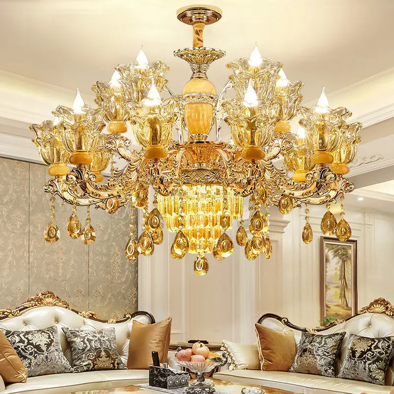 D31.5 Inch European Luxury Crystal Chandelier Candle Style High Jade Pendent Lamp Living Room Villa Restaurant LED Modern Light