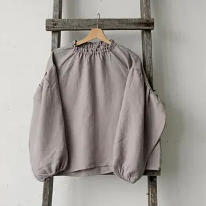 Personalizado lavanda Puff manga Casual Vintage 100% algodón natural orgánico blusas de las mujeres de talla grande ropa de mujer
