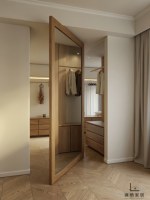 Armoire Moderne Minimaliste Personnalisée pour Chambre à Coucher, Meuble de Rangement Extensible avec Portes Battantes Verrouillables et Zone de Coiffeuse, Menuiserie Sur Mesure