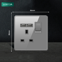 Prise murale USB 5 trous de type 86, gris, avec panneau en verre trempé cristallin, étanche, ignifuge, universelle UE/Royaume-Uni, 10A