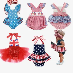 Baju monyet bayi perempuan, romper Empat Juli bintang & garis hadiah Hari Nasional bayi pakaian ulang tahun anak perempuan ruffle romper kustom