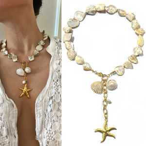 מירידיה 18 קראט זהב pvd קיץ מצופה זהב 18 קאראט צמוקים גדולים פגז פנינים נירוסטה שרשרת תכשיטים - Product Image 1