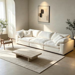 Canapé modulaire de style Wabi-Sabi, entièrement amovible et lavable, en tissu blanc en lin et coton éponge pour salon - Product Image 1
