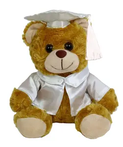 昇華ギフト用の白いガウンと帽子が付いたカスタムぬいぐるみ卒業クマ