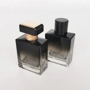 Botella de cristal cuadrada para perfume, botella de lujo con gradiente de 50ml, color negro claro, espray de cristal cuadrado con hombro plano, nuevo diseño