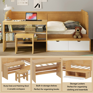 Modern Solid Pine Wood Twin Size Daybed with <b>Storage</b> Shelves and <b>Lockers</b> Multi-functional Bed with Study Desk Matching Stool - Product Image 2