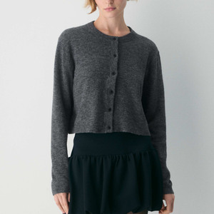 Cárdigan Corto de Punto Gris para Mujer, Manga Larga, Cuello Redondo, Botones al Frente, Estilo Minimalista, Top Otoñal - Product Image 1