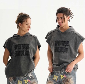 <strong>Men's</strong> Hooded Sleeveless <strong>Vest</strong> Trendy Cotton Blend Street Style Loose Fit Letter Patchwork Distressed T-Shirt-Durable Moisture - Product Image 4