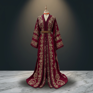 Takchita marocaine élégante brodée avec un motif floral doré, col en V, manches longues, kaftan long jusqu'au sol, robe de mariée pour femmes - Product Image 1