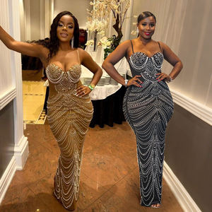 快速发货 CY901322 高端水钻晚礼服 女士吊带珍珠弹力连衣裙 后开衩晚宴奢华舞会礼服 - Product Image 1