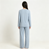 Ensemble de pyjama bleu à manches longues boutonné pour femme, col en V, avec poches, vêtements de nuit doux et amples, pantalon de détente, tenue d'intérieur, ensemble de nuit deux pièces