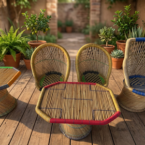 Latest Model Bamboo <b>Stools</b> Ottoman Set Removable <b>Cover</b> PU Leather Lightweight Stackable Modern Accent Design Apartment School - Product Image 1