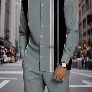 Completo Sportivo da <span class=keywords><strong>Uomo</strong></span> 2025 di Alta Qualità, Stile Casual Autunnale, in Maglia 100% Poliestere, T-Shirt e Pantaloni a Righe a Maniche Lunghe per Attività all'Aperto - Product Image 1