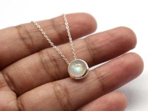 Natural Blue <b>Fire</b> Rainbow Moonstone Cabochon 8mm Round Gemstone 925 Sterling Silver Handmade Pendant - Product Image 2