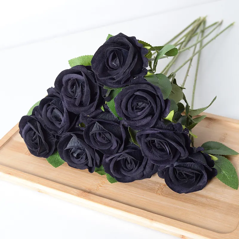 Amazon New Hot Sale Single Velvet Black Rose Bulk Wedding Decorative Velvet Rose Artificial Flowers In Bulk